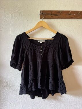 Rewind Black Textured Peasant Blouse with Button Placket